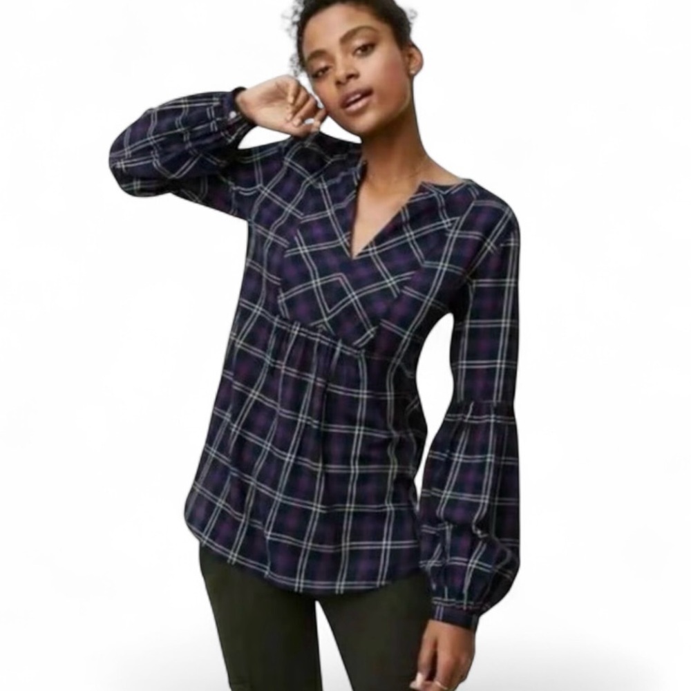 LOFT Navy Plaid V-Neck Blouse